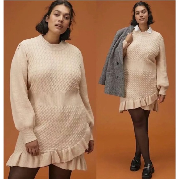 Anthropologie Flat White Cable Knit Cream Ruffle Sweater Dress NWT SZ XL - Picture 3 of 12